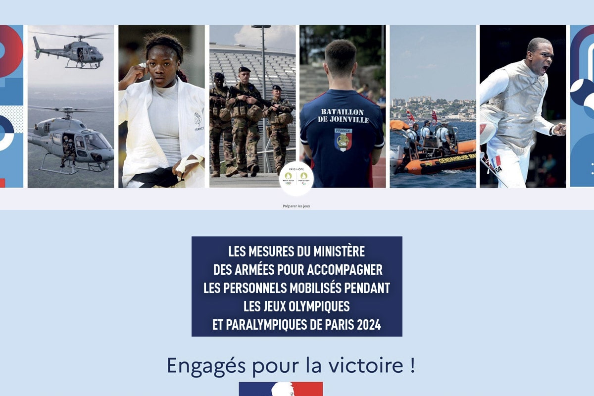 Visuel de l'armée des champions avec indiqué : Actions du ministère des Armées au profil des militaires mobilisés dans le cadre des Jeux Olympques et Paralympiques